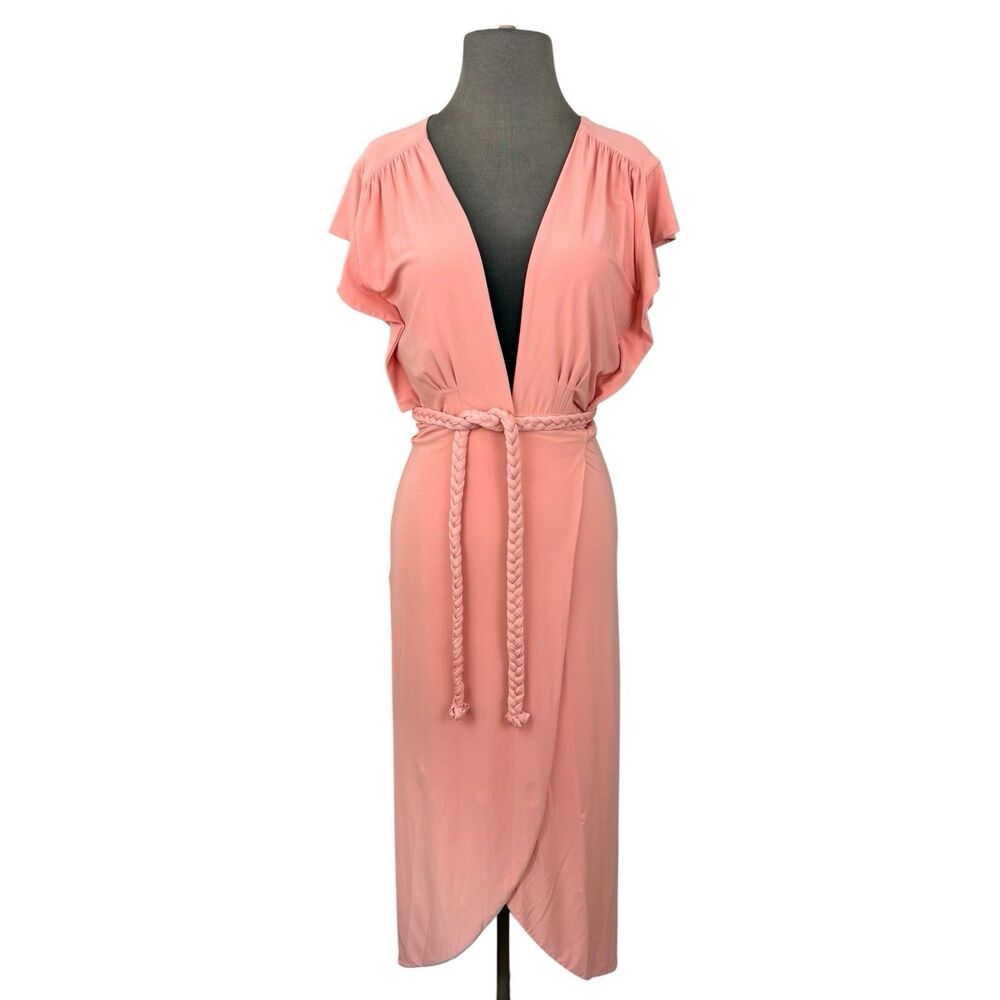 Misa Los Angeles Irina Maxi Dress Sz Small Pink Blush Braided Belt Deep V-Neck
